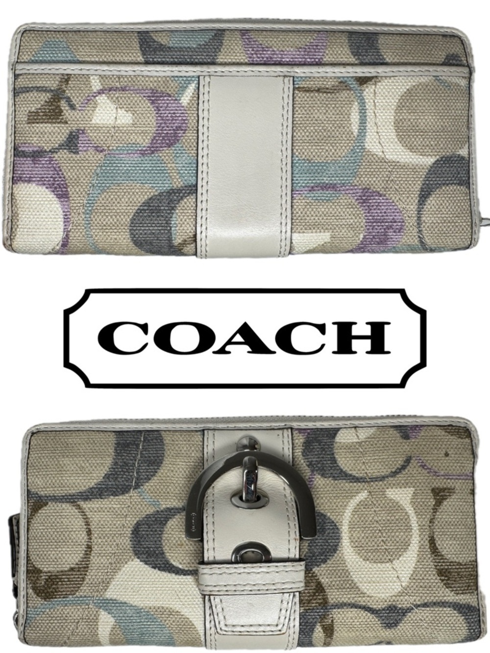 Coach Optic C Y2K Textile Fabric & Leather Purple Blue White Gray Buckle Wallet